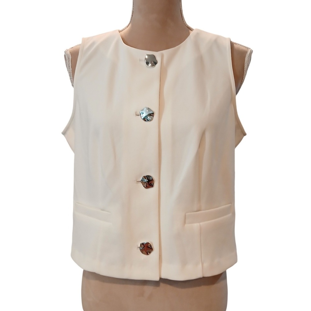 Wren New York Medium Cream White Button Front Vest Hammered Silver Buttons New